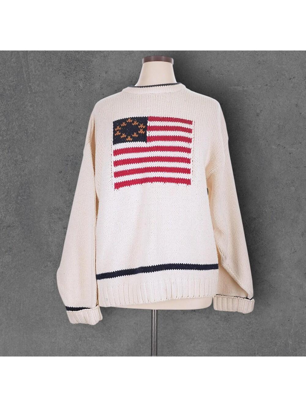 Vintage 90s Old Glory American Flag Sweater 100% Cotton Made in USA XL